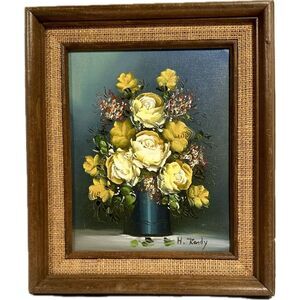 Vintage Botanical Oil Painting Yellow Flowers 11.25 x 13